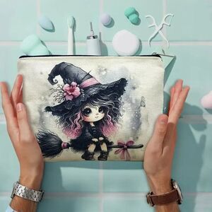 Halloween Gothic Witch and Broom Stick Multifunctional Travel Cosmetic Bag